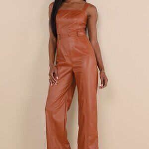Lulus Trendiest Cutie Brown Vegan Leather Straight Leg Jumpsuit - Size L